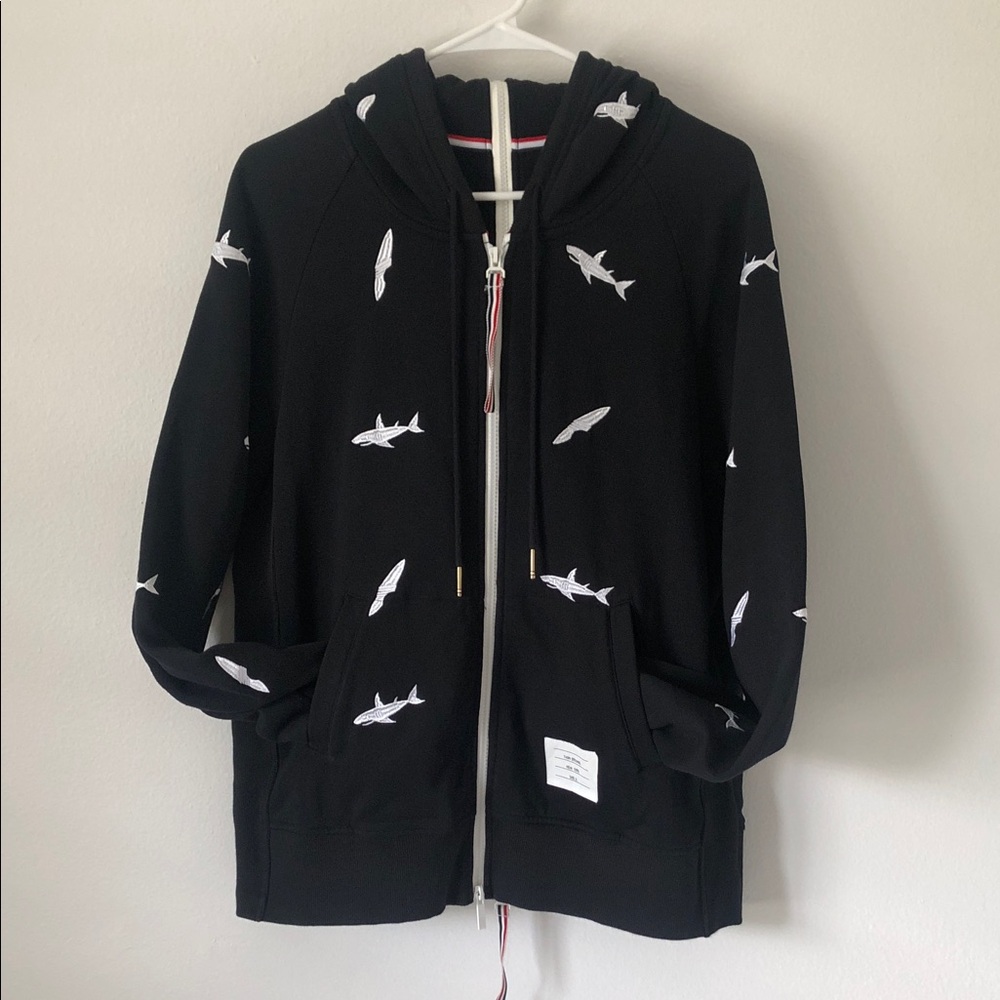 THOM BROWNE. Black Shark/Surfboard Embroidered Long Sleeve Zip-up Sweatshirt L